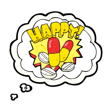 El yazısıyla çizilmiş düşünce kabarcığı desenli çizgi film mutluluk hapları insan tarafından çizilmiş.