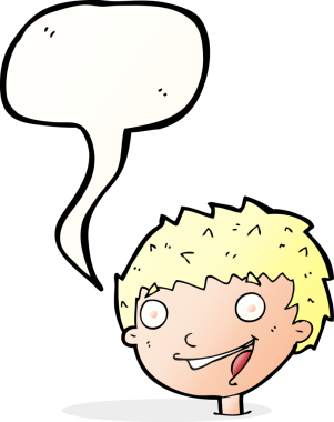 Bir insan tarafından çizilmiş konuşma balonlu gülen çocuk.