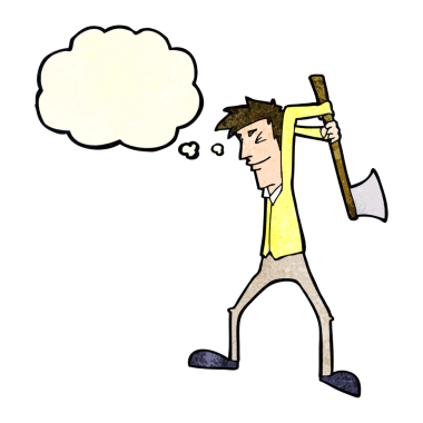 Bir insan tarafından çizilmiş düşünce balonuyla balta sallayan çizgi film adamı.