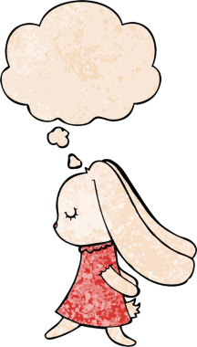 Bir insan tarafından çizilmiş grunge desenli düşünce baloncuklu şirin çizgi film tavşanı.