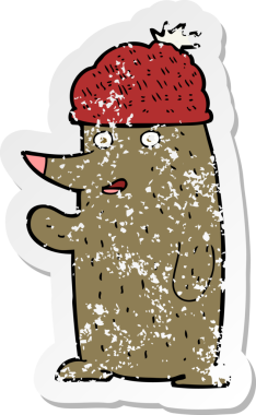 Bir insan tarafından çizilmiş şapkalı çizgi film ayısının gerilimli çıkartması.