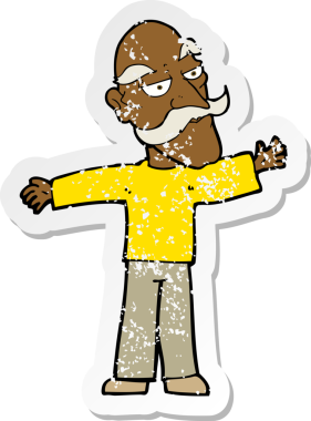 Bir karikatürün gerilimli çıkartması. Yaşlı bir adam, bir insan tarafından çekilen kollarını açıyor.