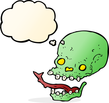 Bir insan tarafından çizilmiş düşünce baloncuklu garip kafatası.