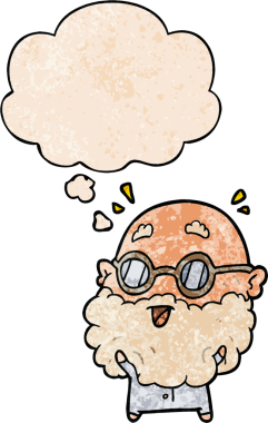 Bir insan tarafından çizilmiş grunge desenli düşünce baloncuğu olan yaşlı adamı çizgi film şaşırttı.