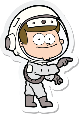 Bir insan tarafından çizilmiş mutlu bir astronot çizgi filminin çıkartması.