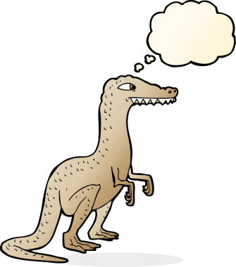 Bir insan tarafından çizilmiş düşünce baloncuklu bir dinozor.