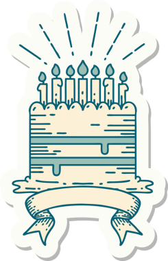 Bir insan tarafından çizilmiş dövme stili doğum günü pastasının çıkartması.