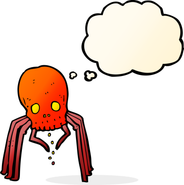 Bir insan tarafından çizilmiş düşünce baloncuklu korkunç kafatası örümceği.