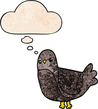 Bir insan tarafından çizilmiş grunge desenli düşünce baloncuklu çizgi film kuşu.