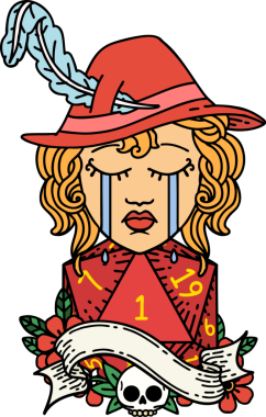 Retro Dövme Tarzı Ağlayan İnsan Druid karakteri Bir insan tarafından çizilmiş doğal bir D20 ruloyla