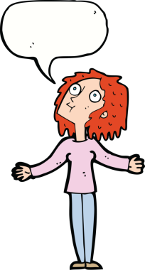 Çizgi film meraklısı kadın, bir insan tarafından çizilmiş konuşma balonuyla yukarı bakıyor.