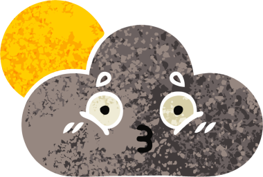 Bir insan tarafından çizilmiş fırtına bulutu ve güneşin retro çizim tarzı karikatürü.