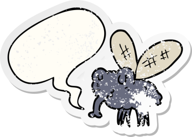 Konuşma baloncuğu olan karikatür sineği bir insan tarafından çizilmiş sıkıntılı eski bir çıkartma