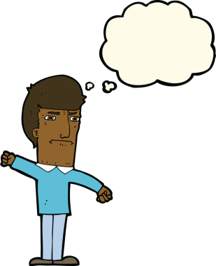 Bir insan tarafından çizilmiş düşünce baloncuğu olan kızgın bir adam.