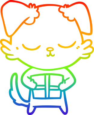 Gökkuşağı gradyan çizimi. Bir insan tarafından çizilmiş Noel hediyeli şirin bir çizgi köpek çizimi.