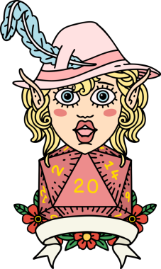 Retro Dövme Tarzı Elf Ozanı Bir insan tarafından çizilmiş doğal yirmi zar atışıyla