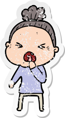 Bir insan tarafından çizilmiş kızgın yaşlı bir kadının sıkıntılı çıkartması.