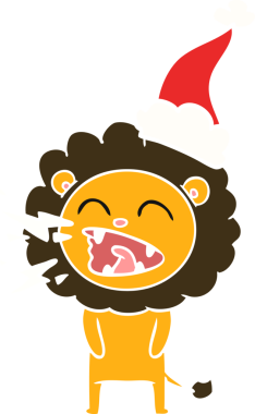 Kükreyen bir aslanın insan tarafından çizilmiş Noel Baba şapkası giymiş düz renk çizimi.
