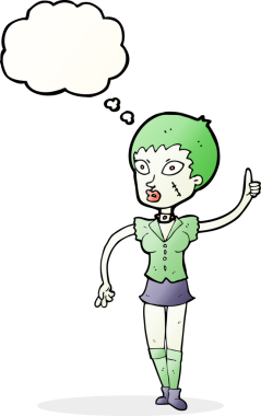 Bir insan tarafından çizilmiş düşünce balonlu cadılar bayramı kızı.