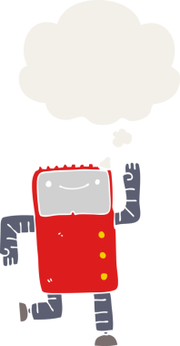 Düşünce baloncuğu olan karikatür robotu insan tarafından çizilmiş.