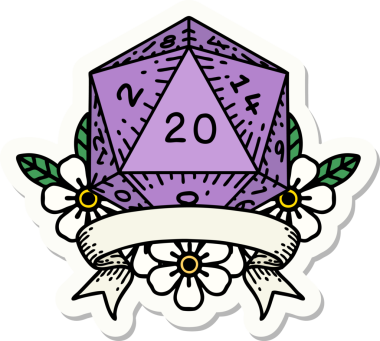 Bir insan tarafından çizilmiş 20 kritik vuruşluk D20 zar etiketi.