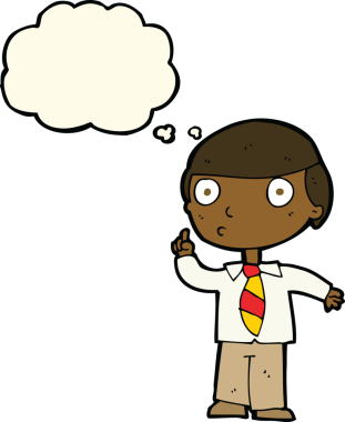 Bir insan tarafından çizilmiş düşünce balonu olan bir okul çocuğu.