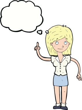 Bir insan tarafından çizilmiş düşünce baloncuğu fikri olan karikatür kadın.