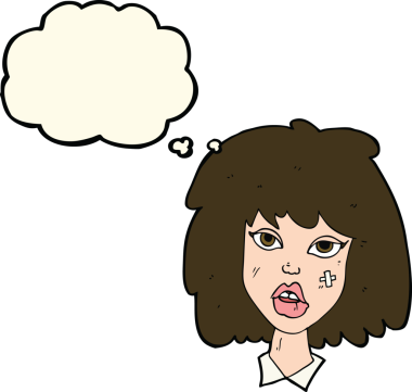 Bir insan tarafından çizilmiş, yüzü morarmış bir karikatür kadın.