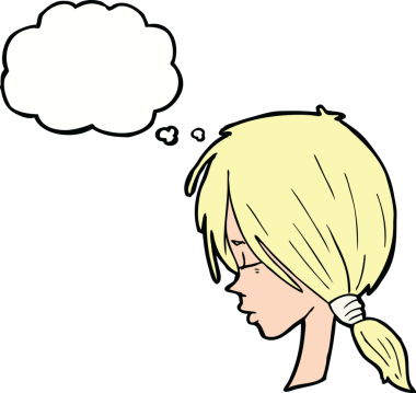 Bir insan tarafından çizilmiş düşünce baloncuğu ile düşünceli görünen çizgi film kızı.