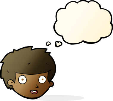 Bir insan tarafından çizilmiş düşünce balonlu mutlu çocuk yüzü.