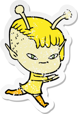 Bir insan tarafından çizilmiş sevimli uzaylı bir kızın sıkıntılı çıkartması.