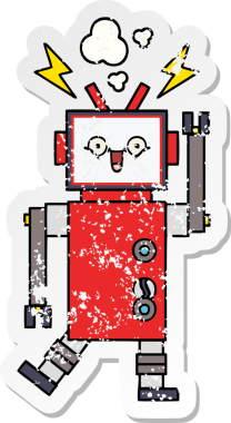 Bir insan tarafından çizilmiş sevimli bir robot çizgi film çıkartması.