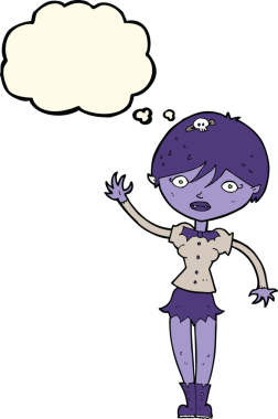 Bir insan tarafından çizilmiş düşünce balonuyla el sallayan vampir kız.