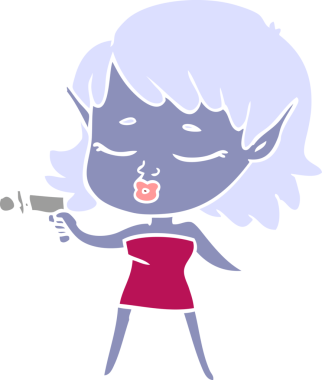 Bir insan tarafından çizilmiş ışın tabancasıyla oldukça düz renkli bir çizgi film uzaylı kızı.