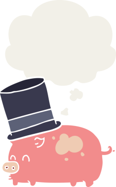 Düşünce baloncuklu silindir şapkalı bir domuz insan tarafından çizilmiş.