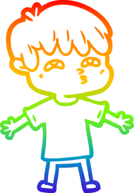 Gökkuşağı gradyan çizgi çizimi bir insan tarafından kafası karışmış bir karikatür adamın çizimi