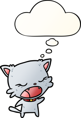 Çizgi film kedisi, bir insan tarafından çizilmiş yumuşak eğimli düşünce baloncuğuyla konuşuyor.