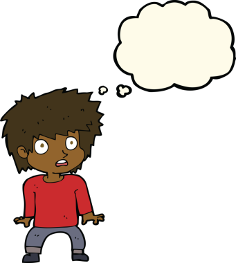 Bir insan tarafından çizilmiş düşünce baloncuğu olan korkmuş bir çocuk.