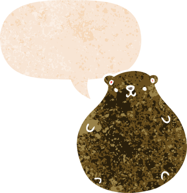 Bir insan tarafından çizilmiş grunge sıkıntılı retro biçimli konuşma balonu ile çizgi film ayısı