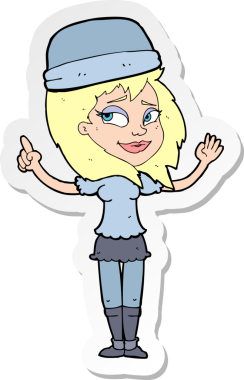 Bir insan tarafından çizilmiş şapkalı bir karikatür kadının çıkartması.