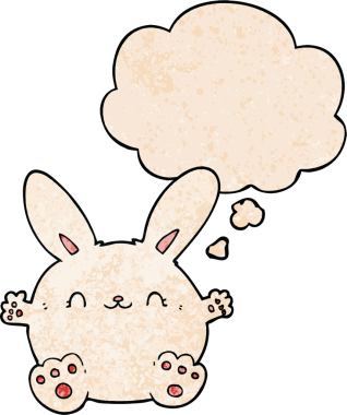 Bir insan tarafından çizilmiş grunge desenli düşünce baloncuklu şirin çizgi film tavşanı.