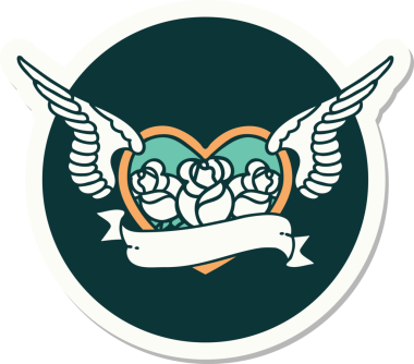 Geleneksel bir dövme stili. Uçan kalp. Çiçekler ve bir insan tarafından çizilmiş bayrak.