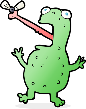 Bir insan tarafından çizilmiş sineği yakalayan kurbağa.