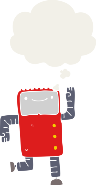 Düşünce baloncuğu olan karikatür robotu insan tarafından çizilmiş.