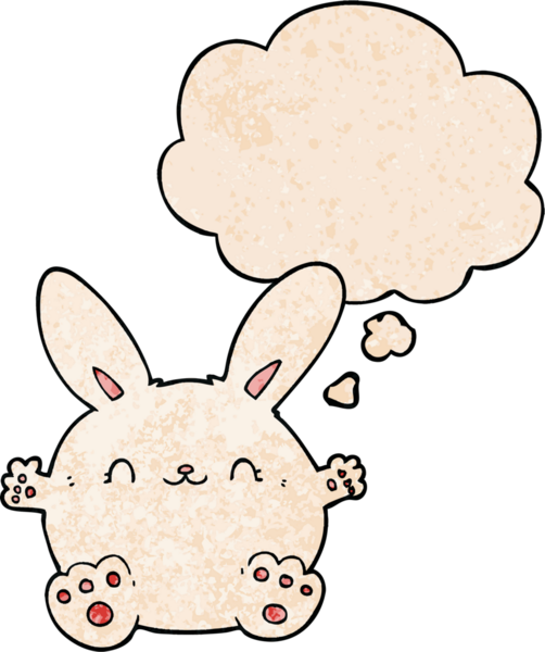 Bir insan tarafından çizilmiş grunge desenli düşünce baloncuklu şirin çizgi film tavşanı.