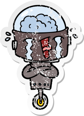 Bir insan tarafından çizilmiş, karikatür ağlayan robot çıkartması.