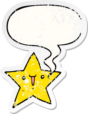 Konuşma baloncuğu olan sevimli bir çizgi film yıldızı bir insan tarafından çizilmiş sıkıntılı eski bir çıkartma