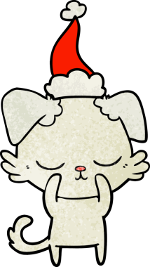 Bir insan tarafından çizilmiş Noel Baba şapkası takan bir köpeğin çizilmiş güzel el çizimi karikatürü.