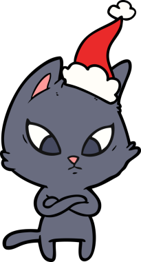 Bir insan tarafından çizilmiş Noel Baba şapkası takan bir kedinin çizimi.