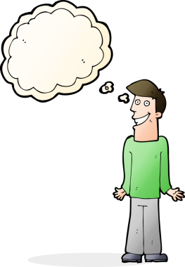 Bir insan tarafından çizilmiş düşünce baloncuğuyla omuzlarını silkeleyen çizgi film adamı.